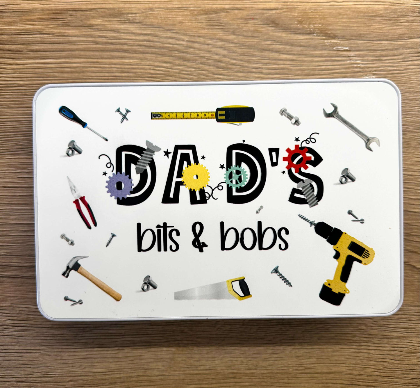 Personalised white storage tin for wires or loose screws.