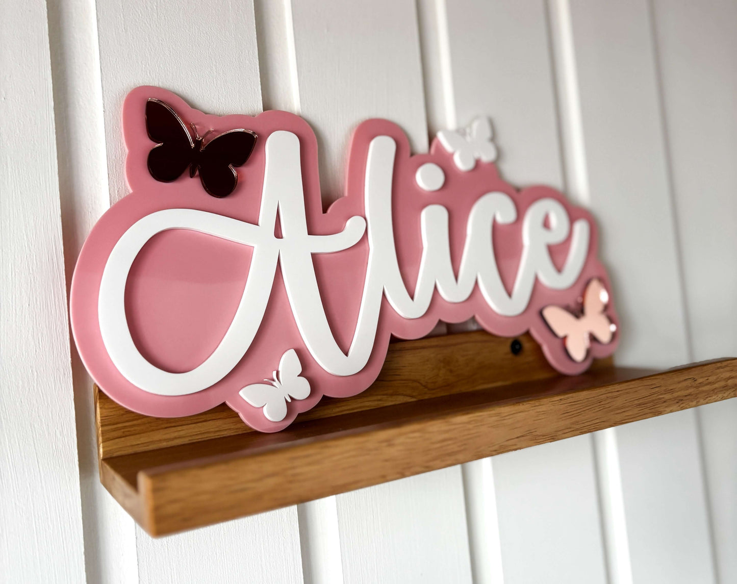 Pink and white butterfly theme name sign for bedroom or bedroom door