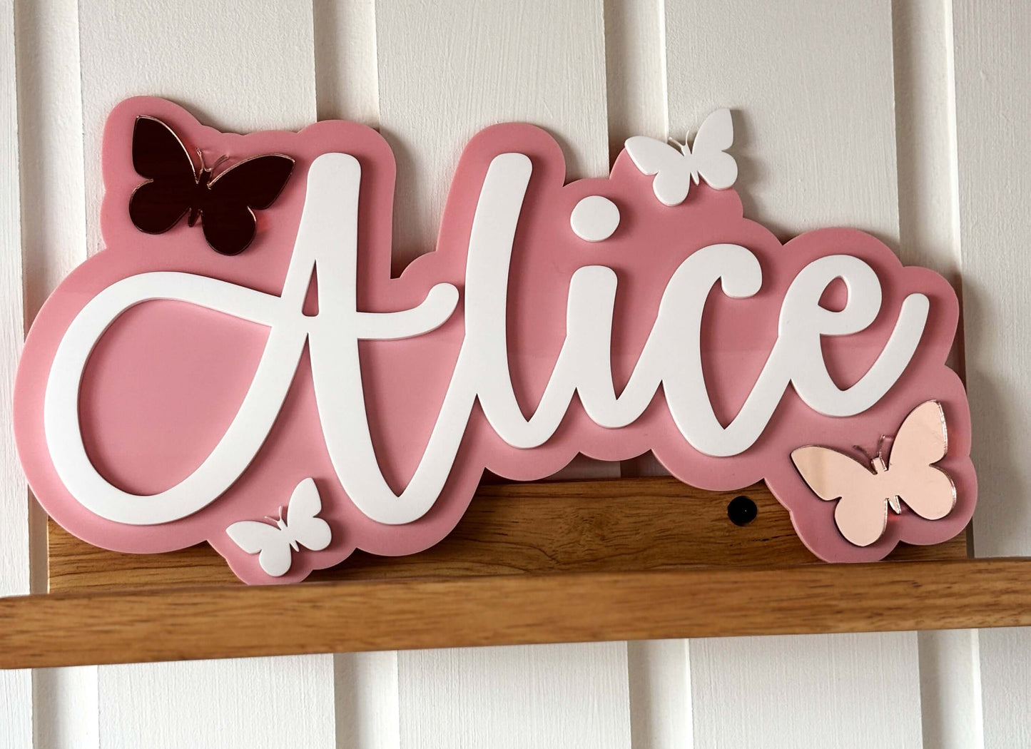Pink and white butterfly theme name sign for bedroom or bedroom door