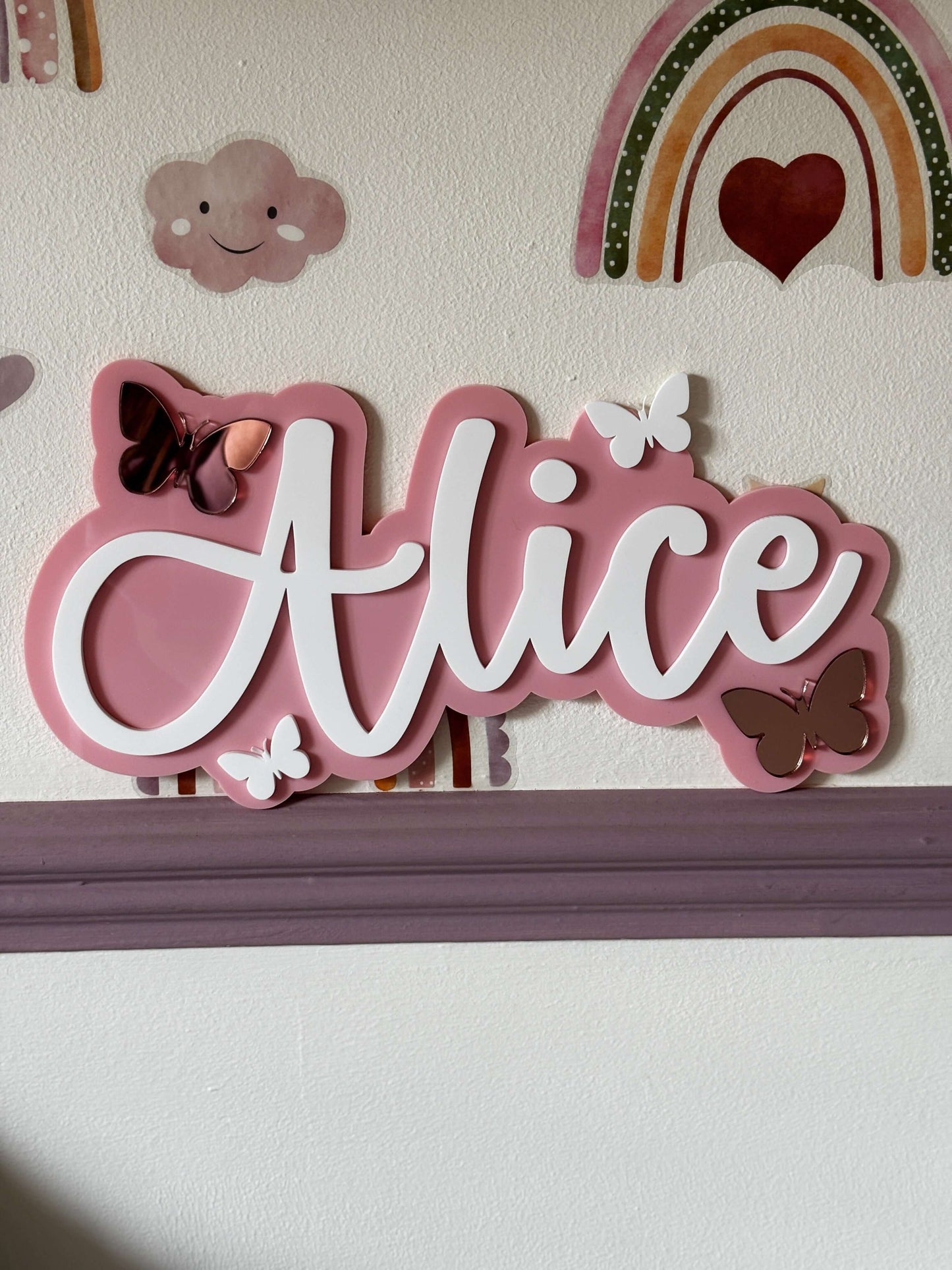Pink and white butterfly theme name sign for bedroom or bedroom door