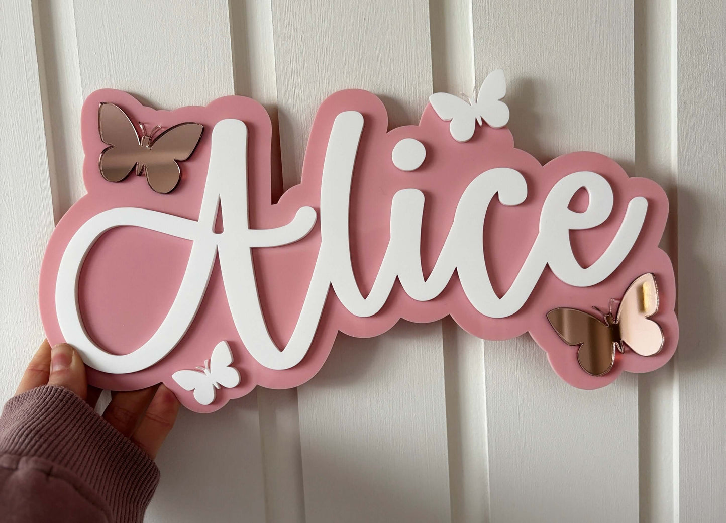 Pink and white butterfly theme name sign for bedroom or bedroom door
