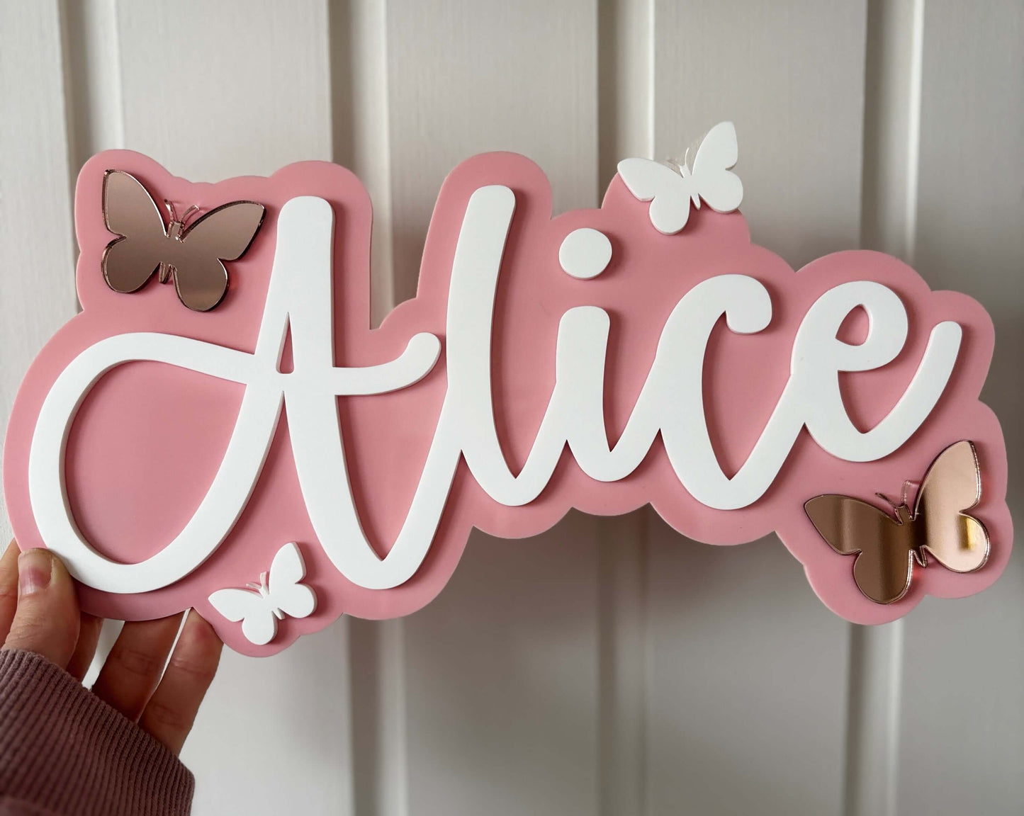 Pink and white butterfly theme name sign for bedroom or bedroom door
