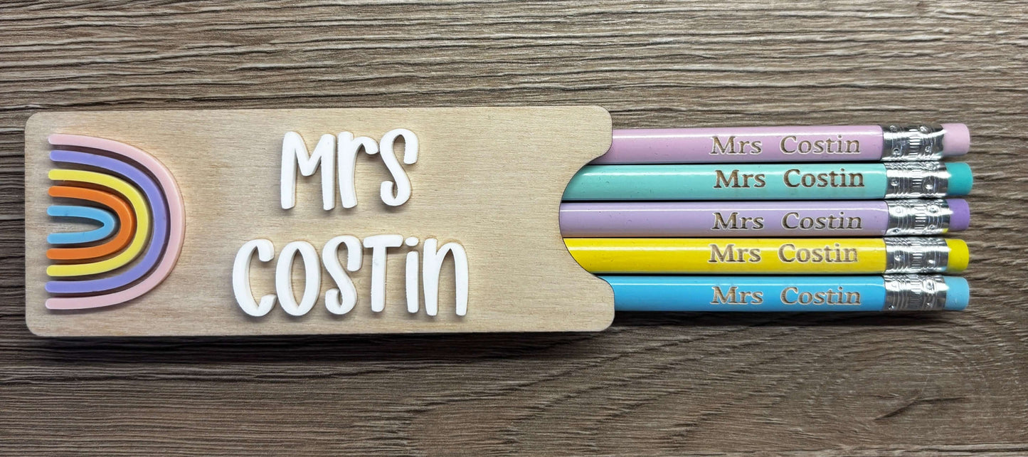 Personalised wooden pencil holder with engraved personalised pencils