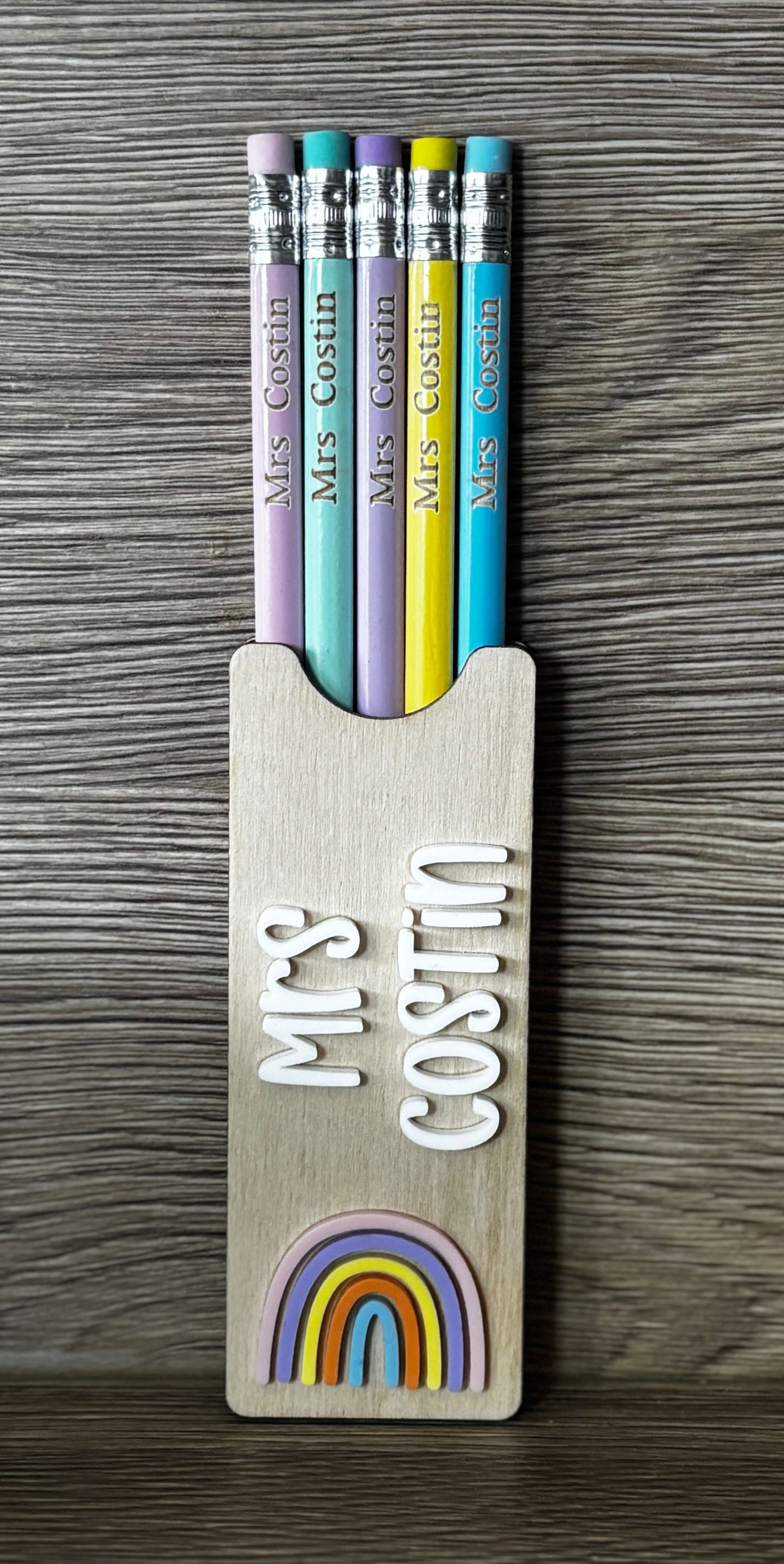Personalised wooden pencil holder with engraved personalised pencils