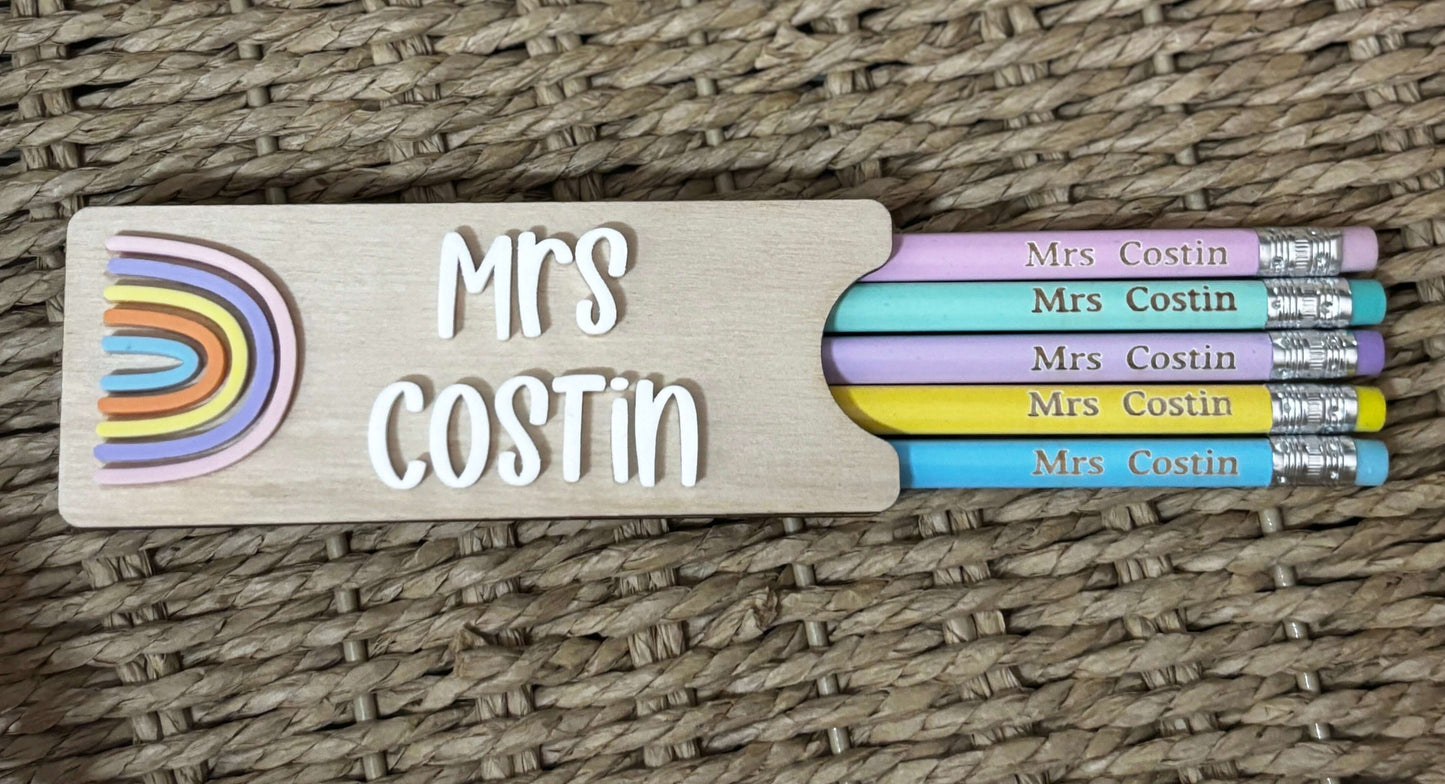 Personalised wooden pencil holder with engraved personalised pencils