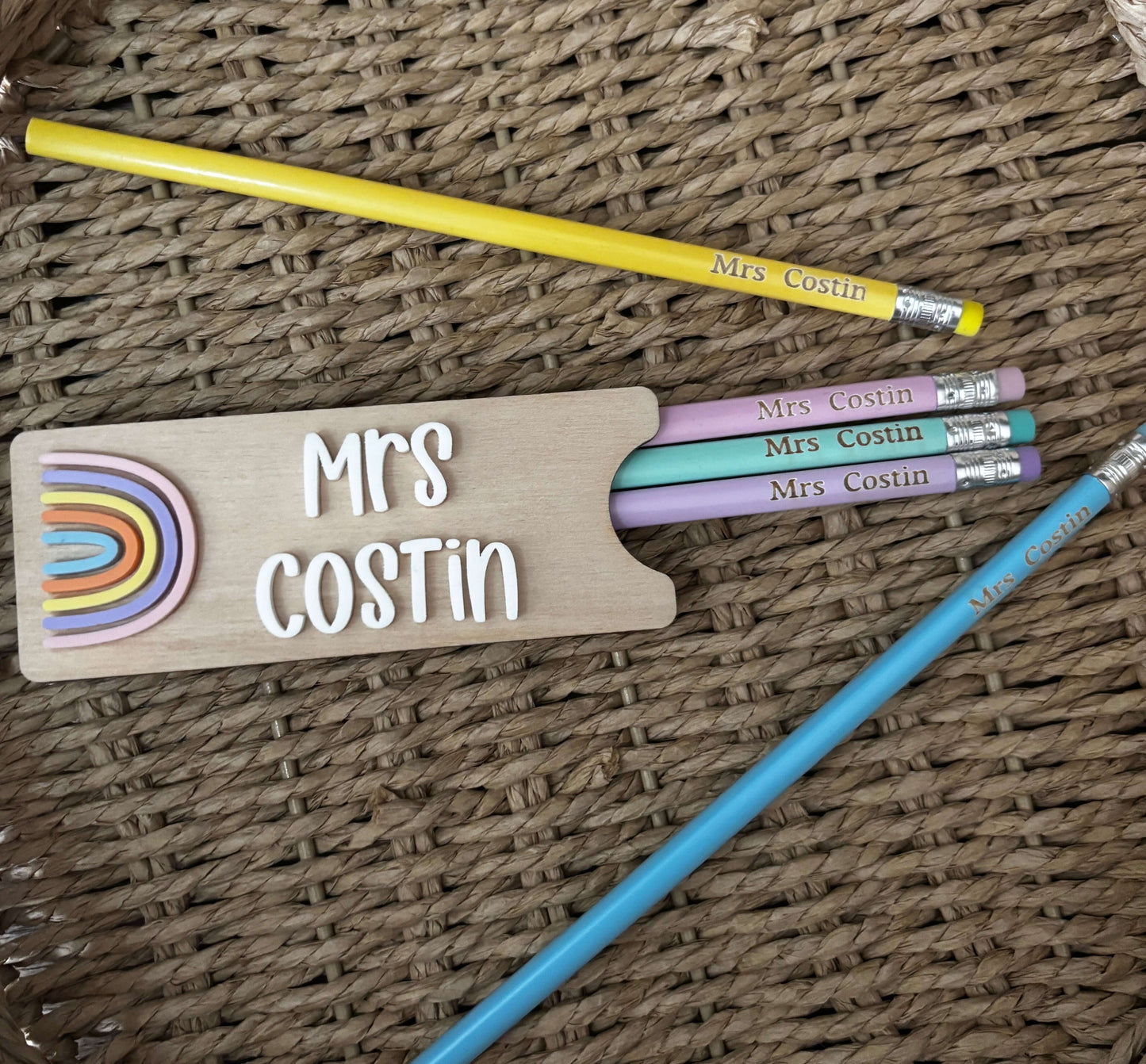 Personalised wooden pencil holder with engraved personalised pencils