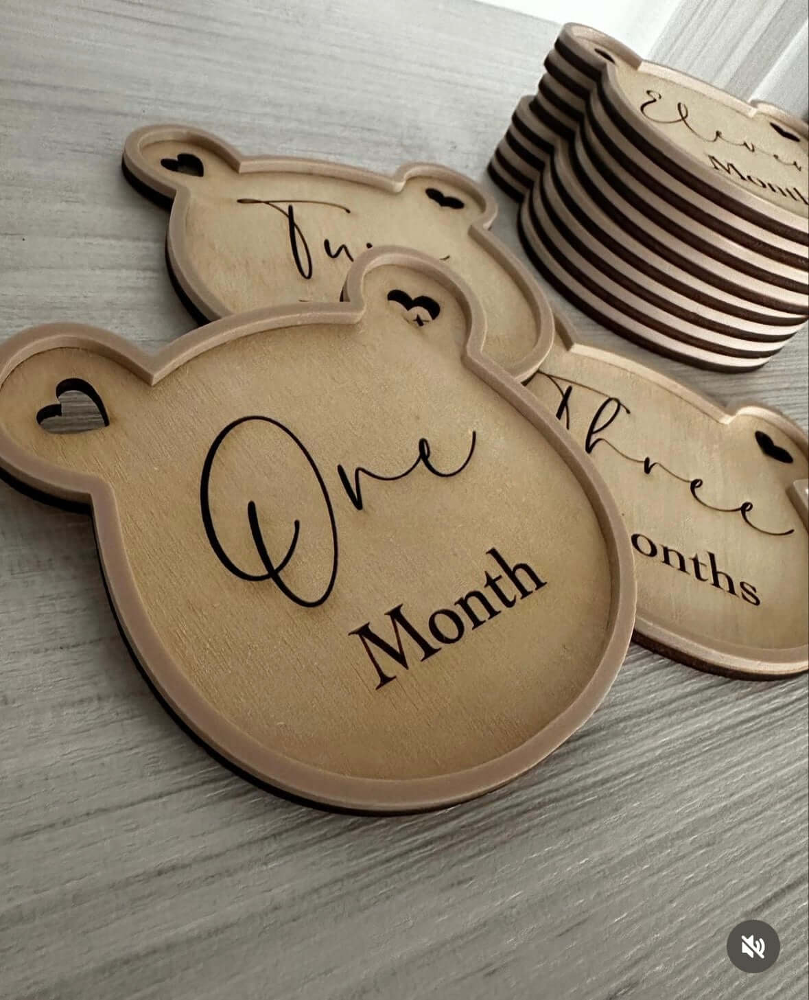 Wooden Teddy Bear Unisex Milestone Discs with Nude Acrylic Edging and Monthly Engravings