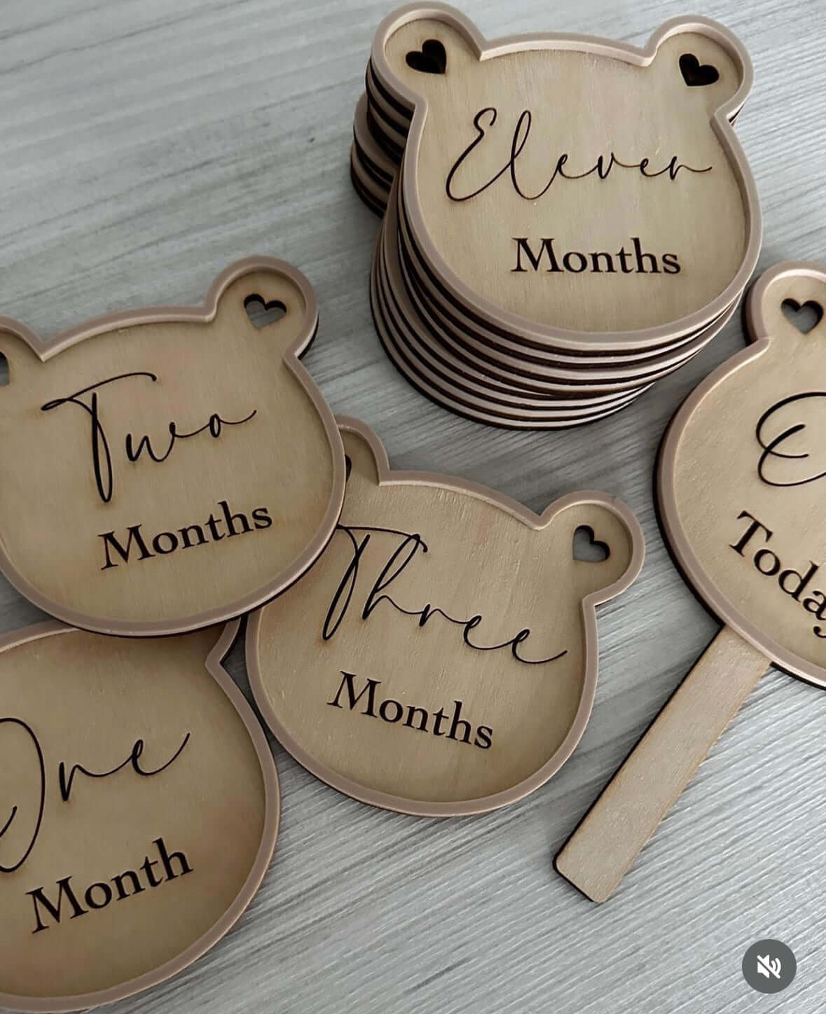 Wooden Teddy Bear Unisex Milestone Discs with Nude Acrylic Edging and Monthly Engravings