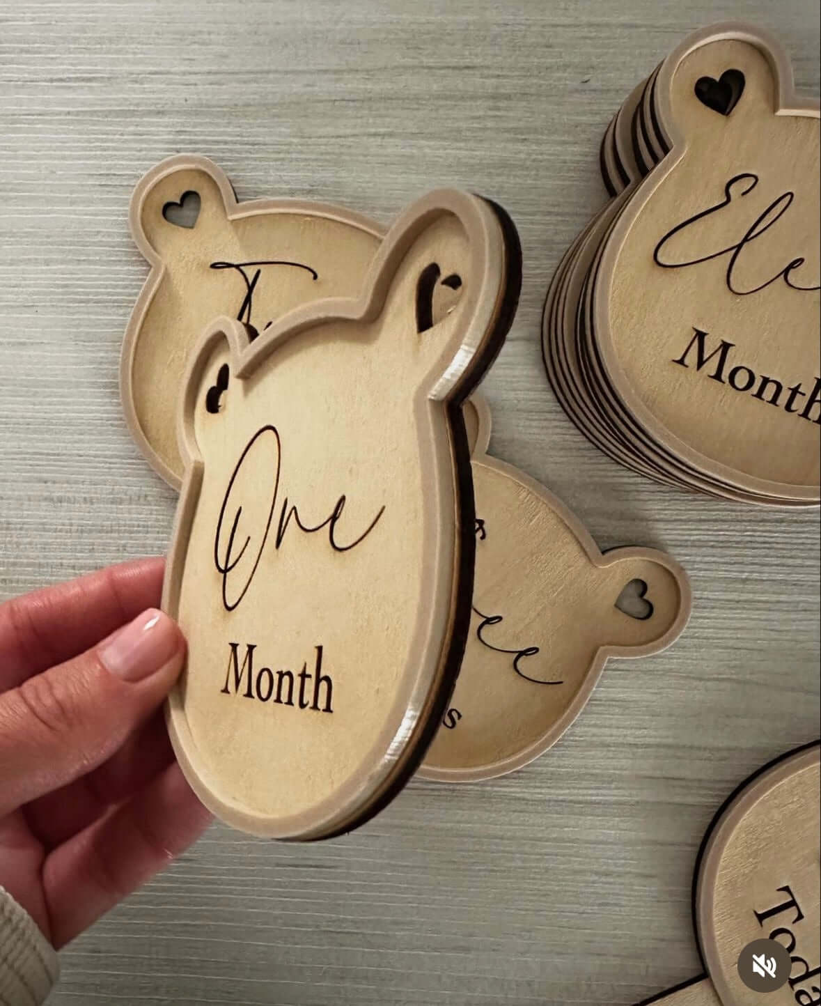 Wooden Teddy Bear Unisex Milestone Discs with Nude Acrylic Edging and Monthly Engravings