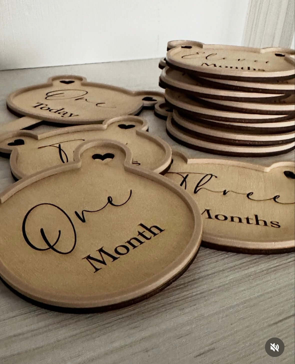 Wooden Teddy Bear Unisex Milestone Discs with Nude Acrylic Edging and Monthly Engravings