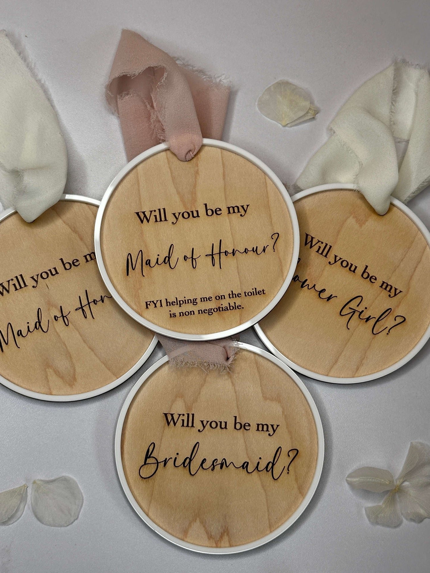Wooden bridesmaid proposal disc's for maid of honour, flower girl & bridesmaids