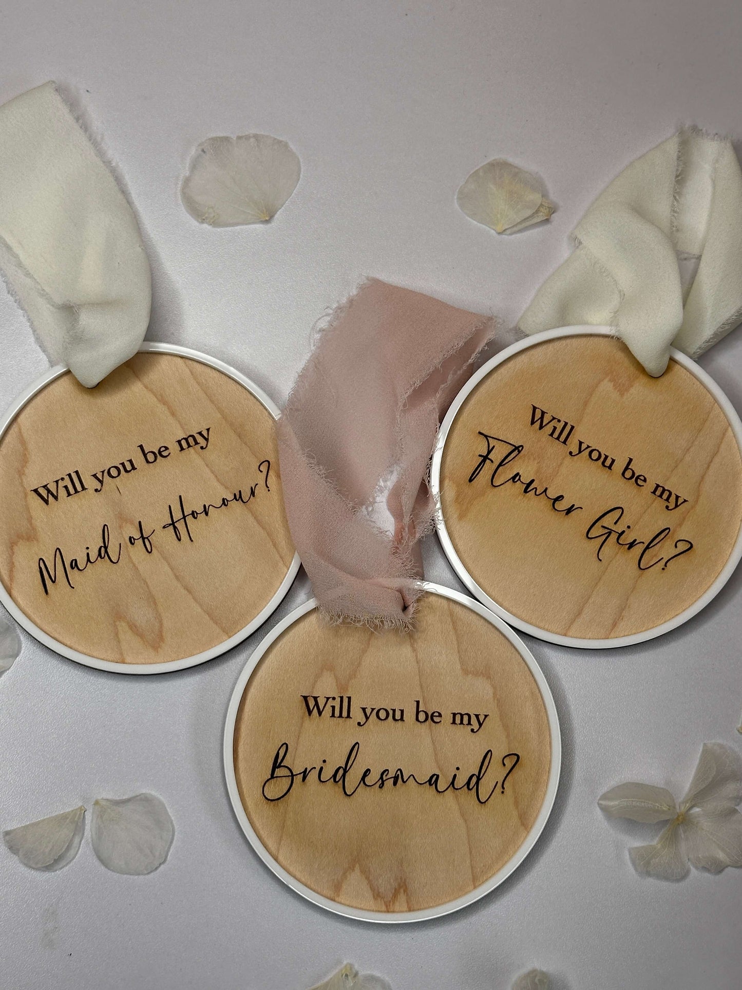 Wooden bridesmaid proposal disc's for maid of honour, flower girl & bridesmaids