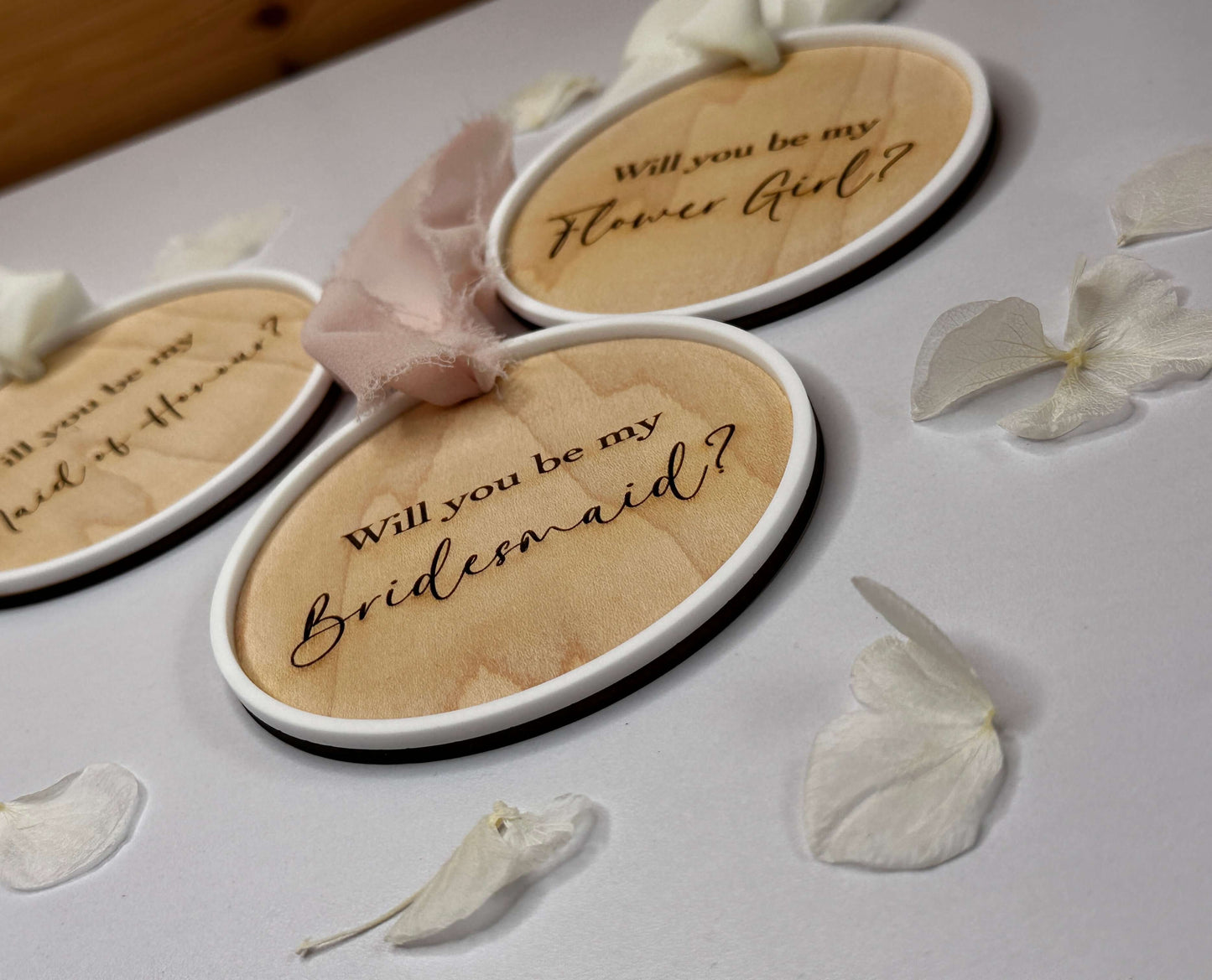 Wooden bridesmaid proposal disc's for maid of honour, flower girl & bridesmaids