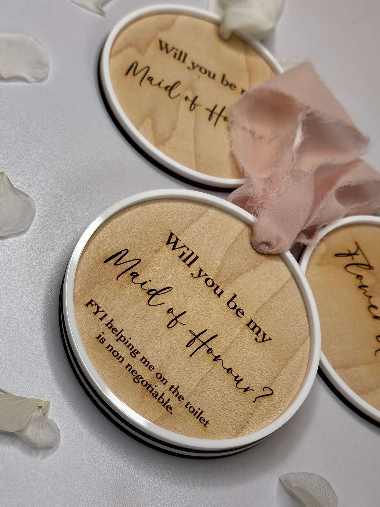 Wooden bridesmaid proposal disc's for maid of honour, flower girl & bridesmaids