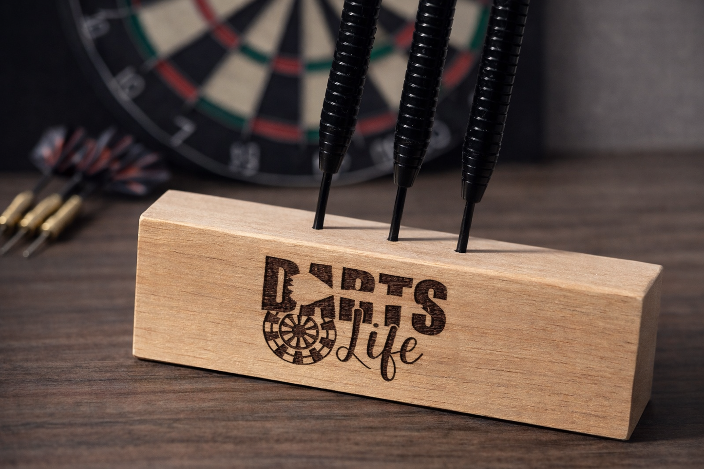 Wooden darts accessory stand for dart players and games rooms
