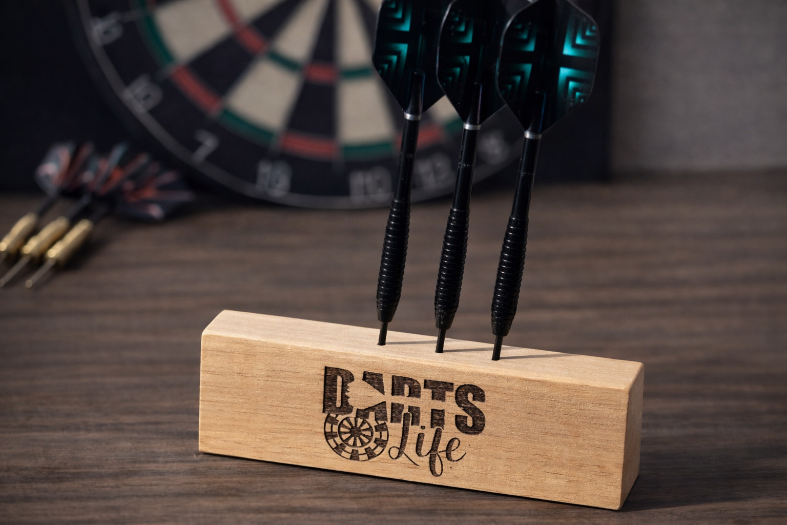 Wooden dart holder stand engraved with Darts Life slogan