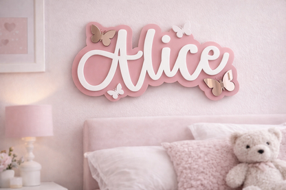 Decorative wall sign with 'Alice' in a bedroom setting