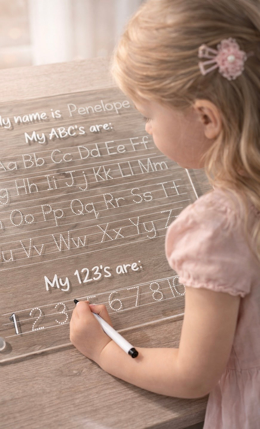 child using personalised name tracing board learning to write letters and numbers