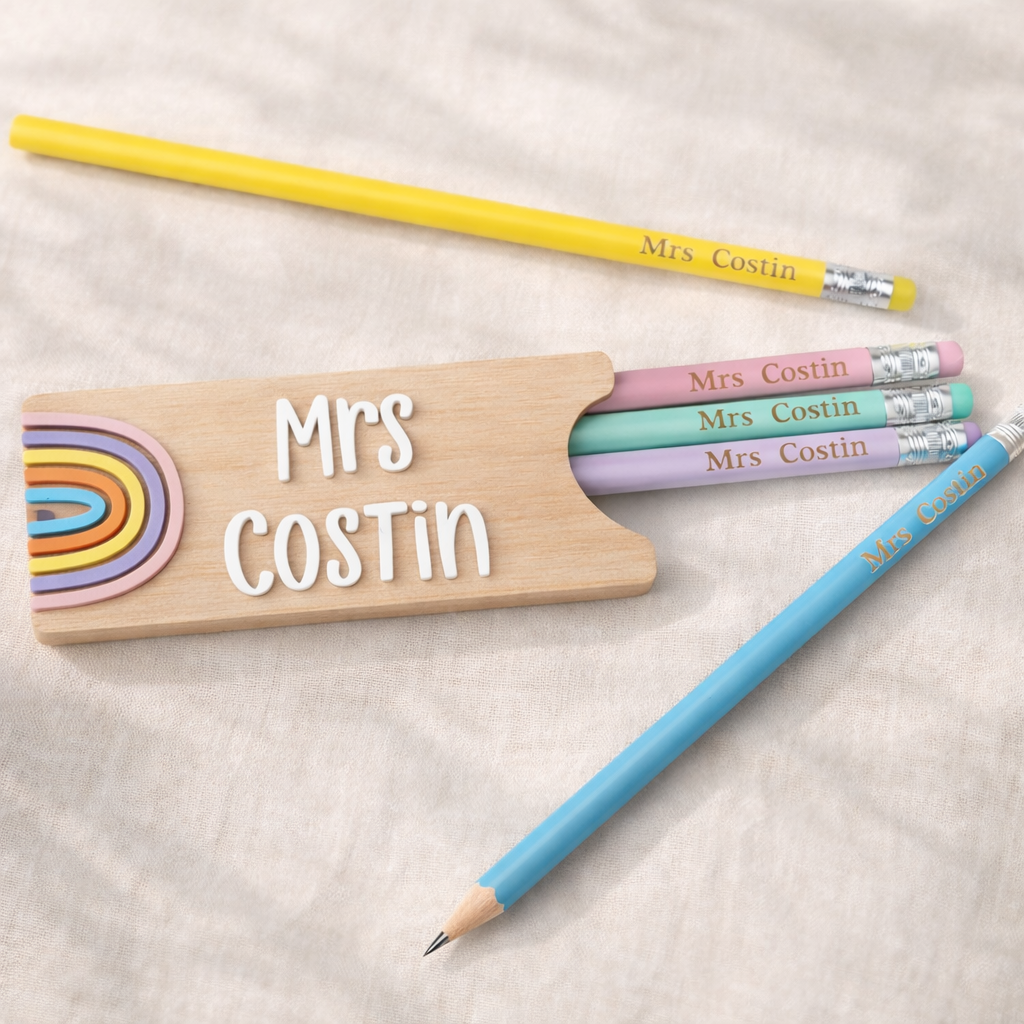 Personalised Rainbow Pencil Holder With Engraved Pencils | Teacher Gift