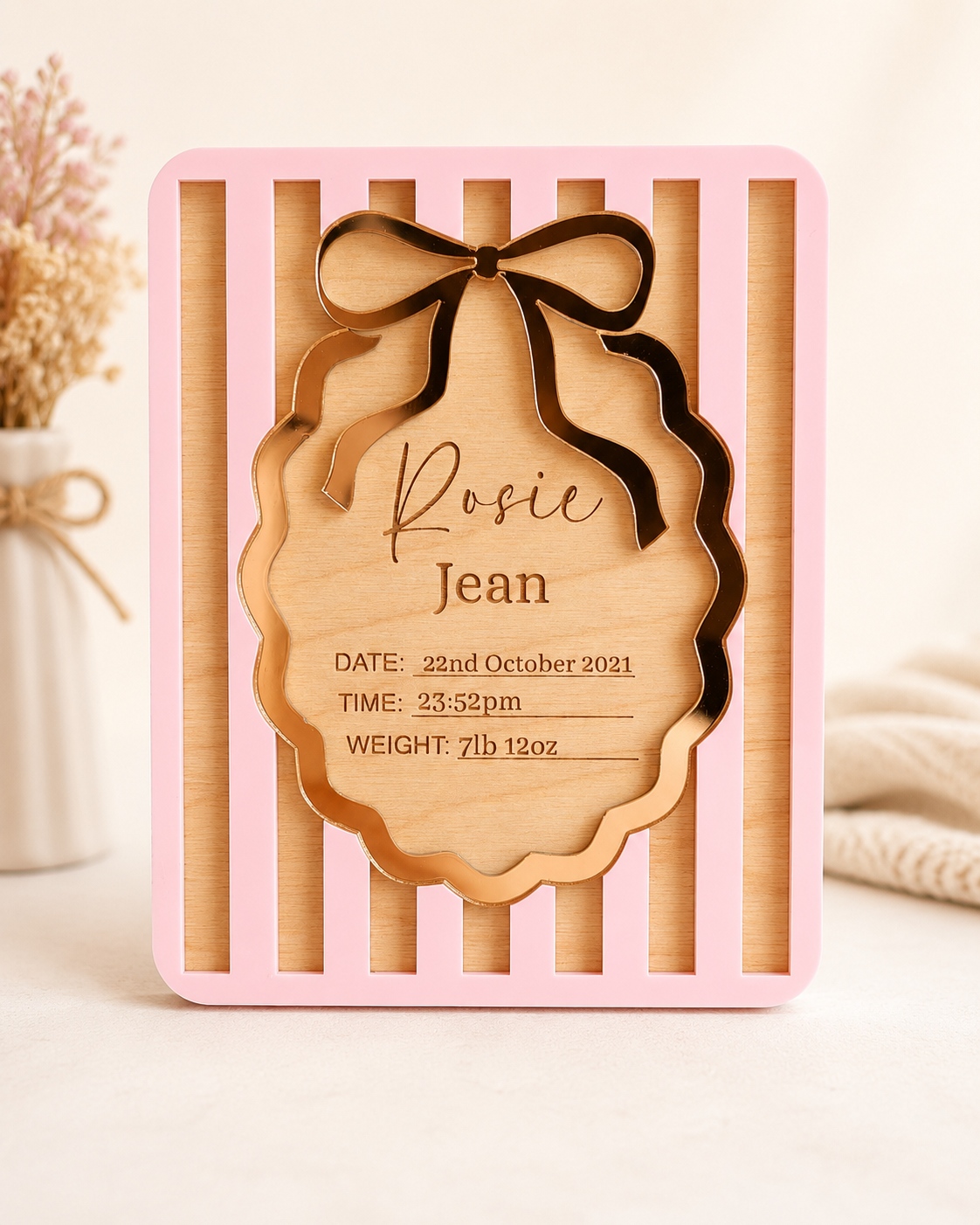 Personalised Pinstripe Baby Birth Details Plaque