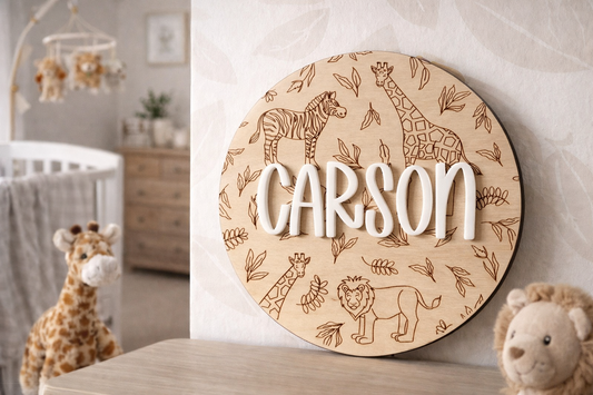 Wooden plaque with 'CARSON' and animal illustrations in a nursery setting