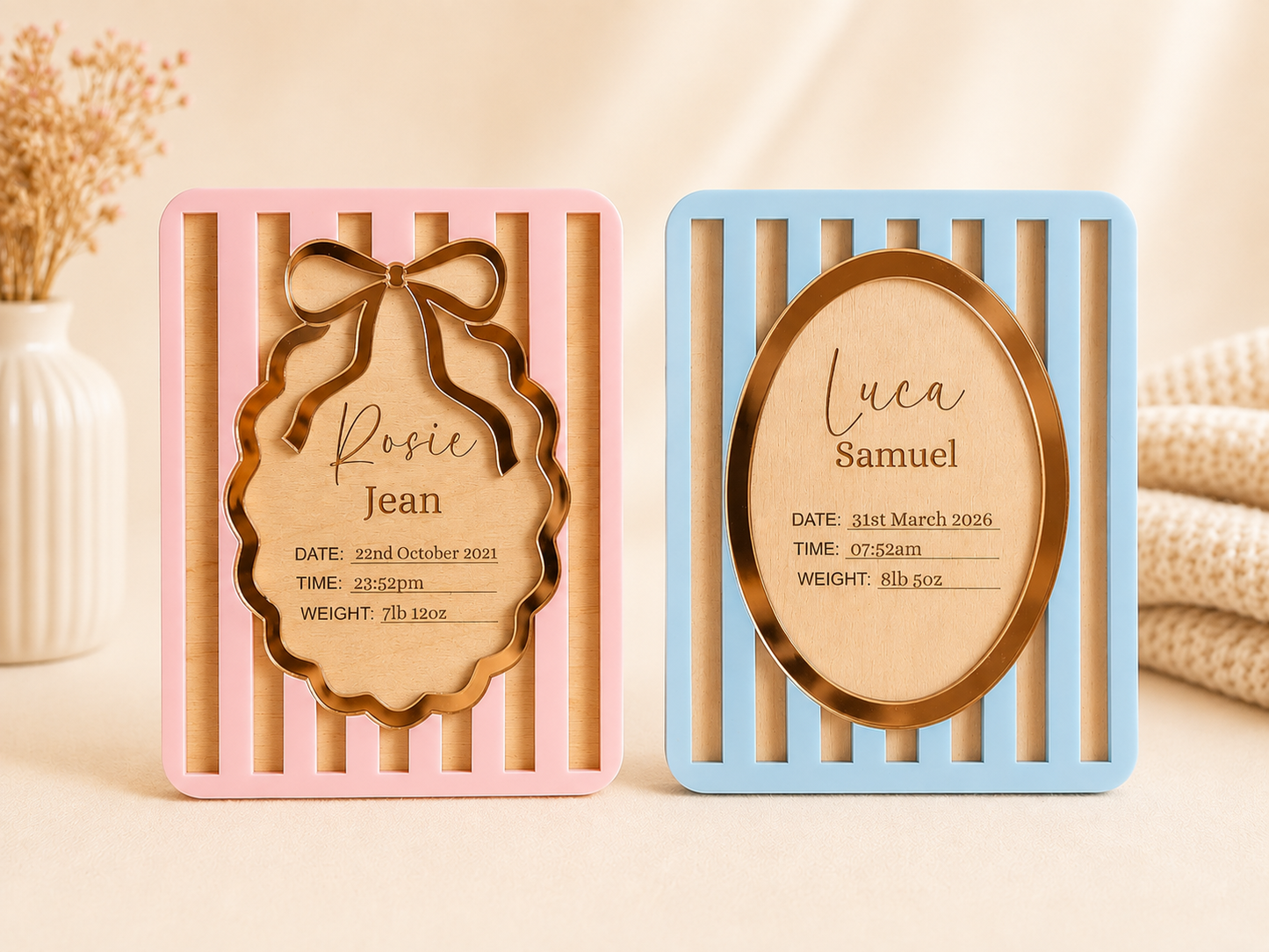 Personalised Pinstripe Baby Birth Details Plaque