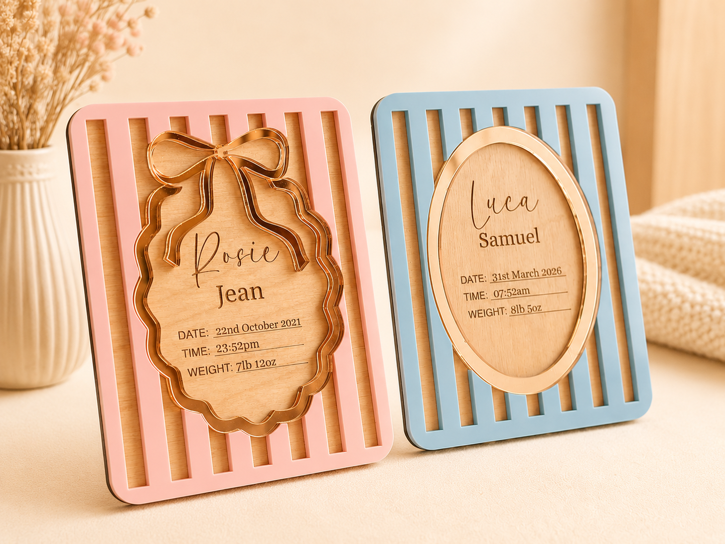 Personalised Pinstripe Baby Birth Details Plaque