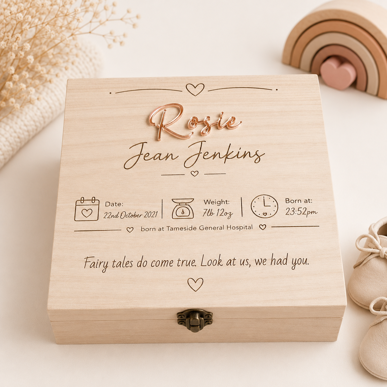 Personalised wooden baby keepsake box with name and birth details