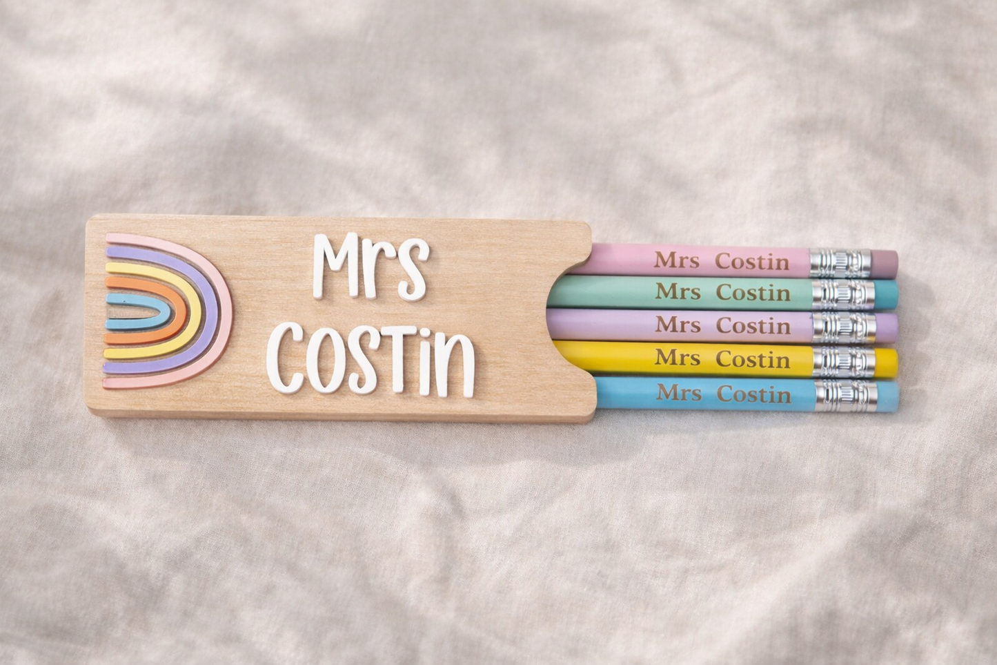 Personalised Rainbow Pencil Holder With Engraved Pencils | Teacher Gift