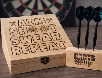 Wooden dart accessory box engraved with Aim Shoot Swear Repeat slogan