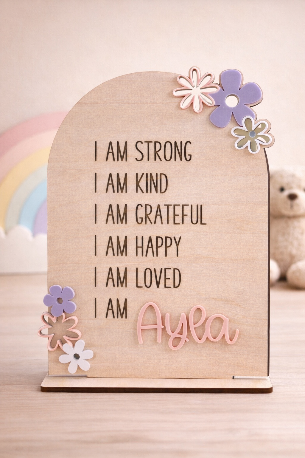 Personalised positive affirmation plaque with floral acrylic details
