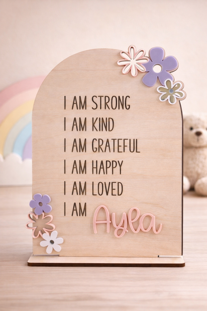 Personalised positive affirmation plaque with floral acrylic details