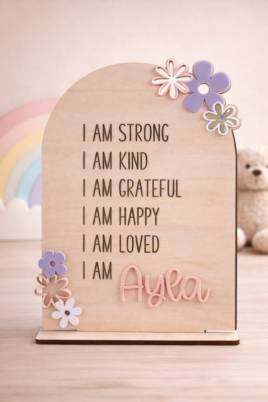Personalised positive affirmation plaque with floral acrylic details