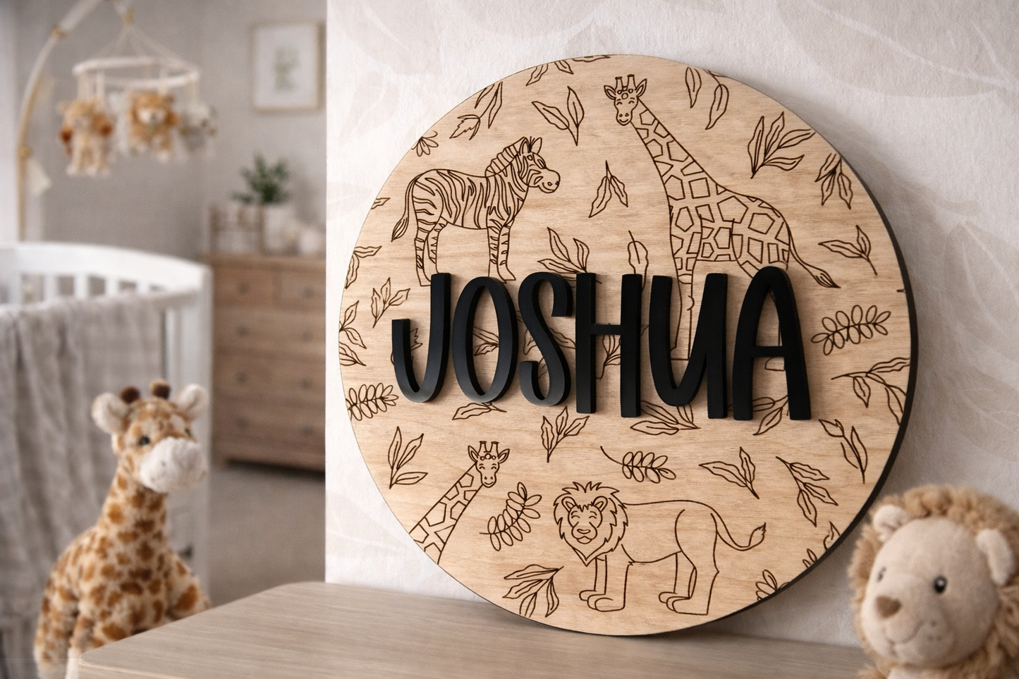 Safari print round name plaque