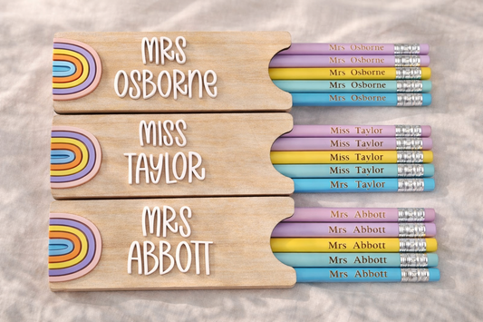 Personalised Rainbow Pencil Holder With Engraved Pencils | Teacher Gift