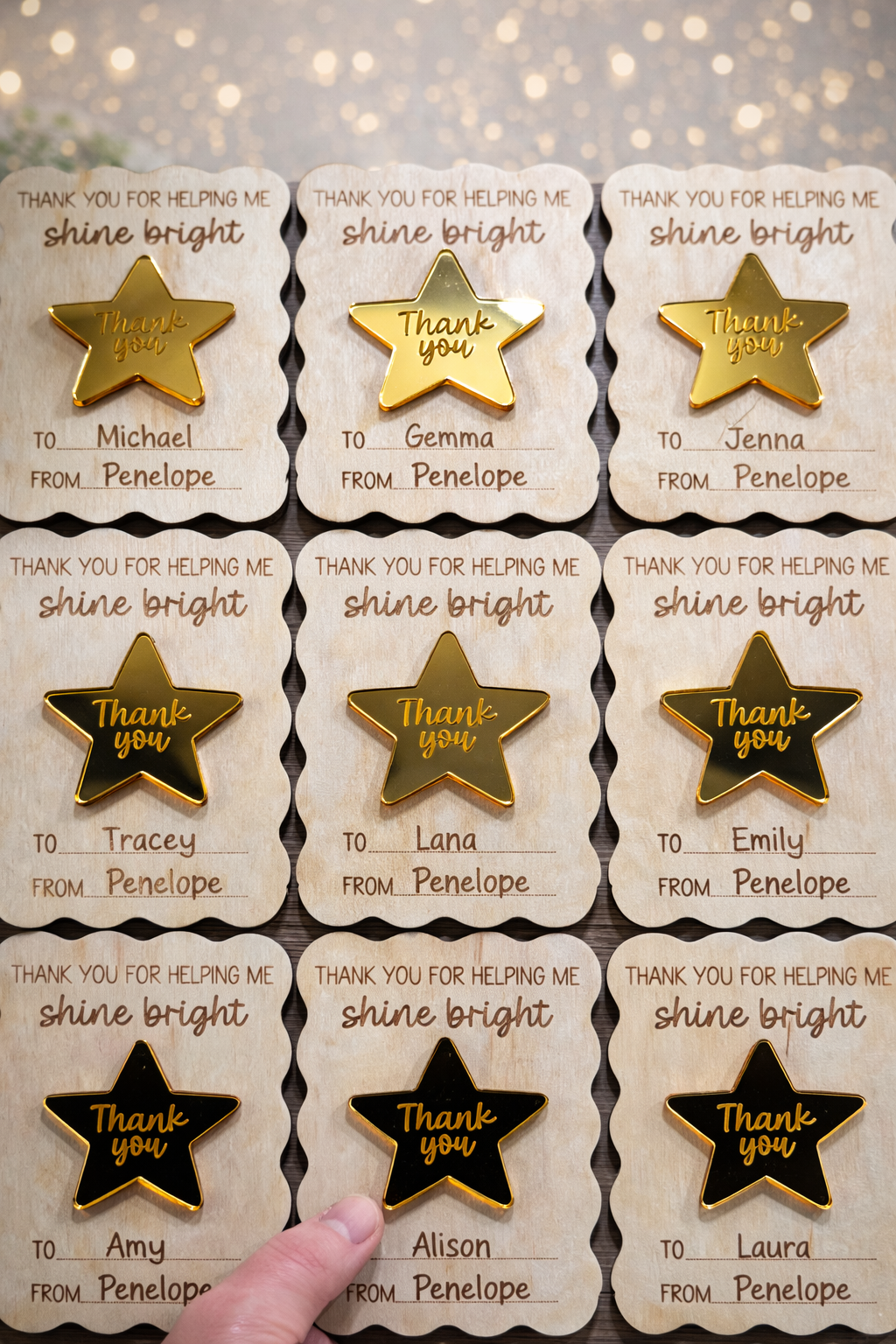 Set of personalized 'Thank you for helping me shine bright' cards with star-shaped pins.