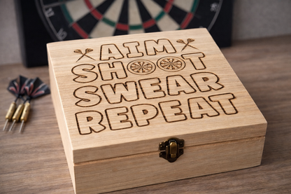 Wooden darts accessory storage box with engraved darts quote