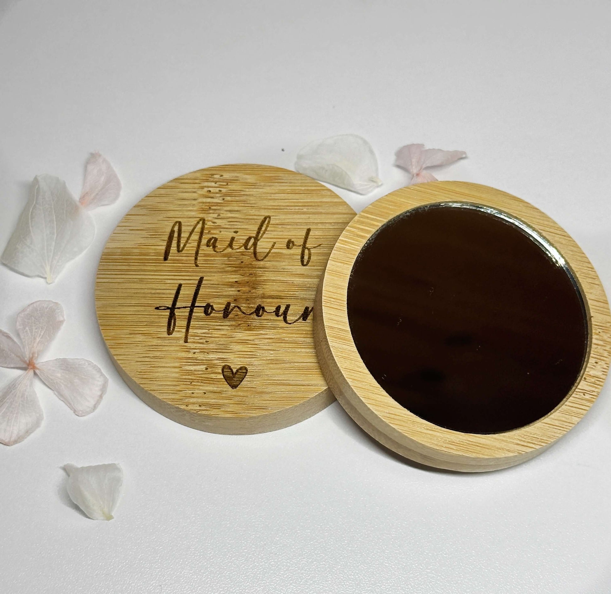 Personalised wooden pocket mirror for maid of honour.