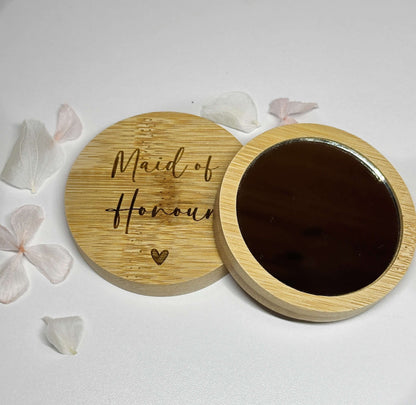 Personalised wooden pocket mirror for maid of honour.