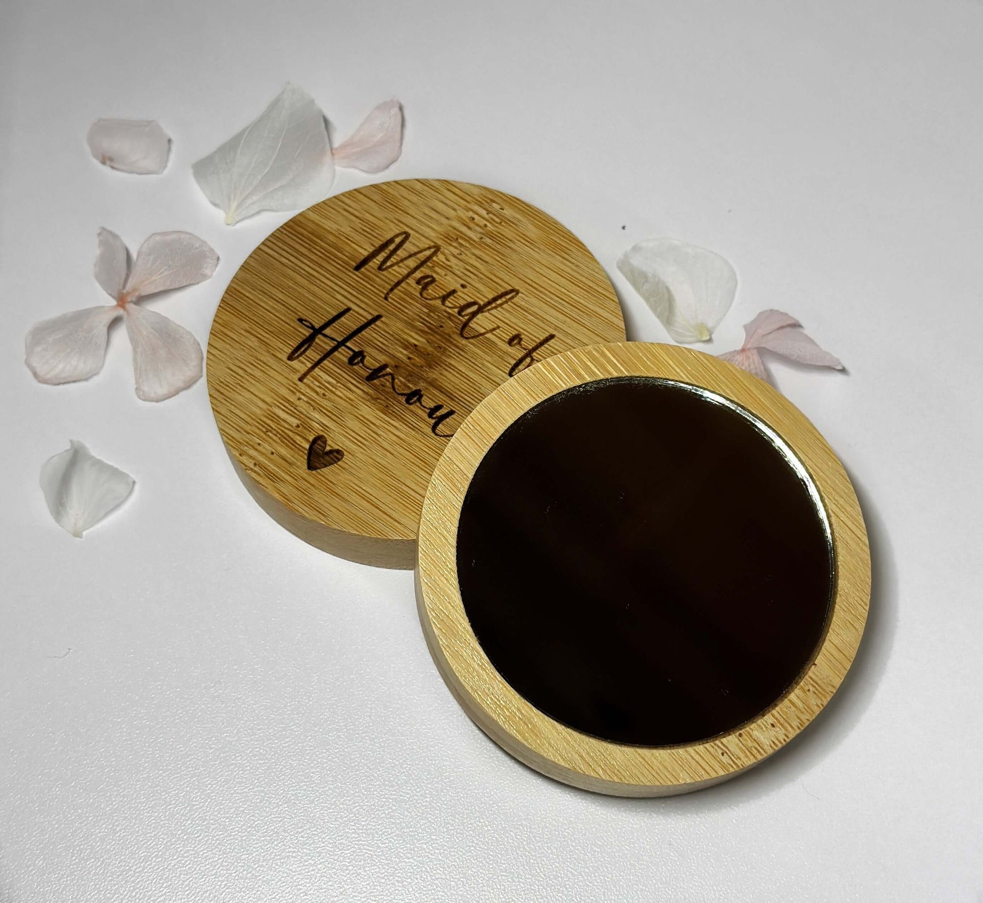 Personalised wooden pocket mirror for wedding party.