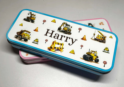 Personalised tin pencil case, featuring a cute and fun construction theme. 