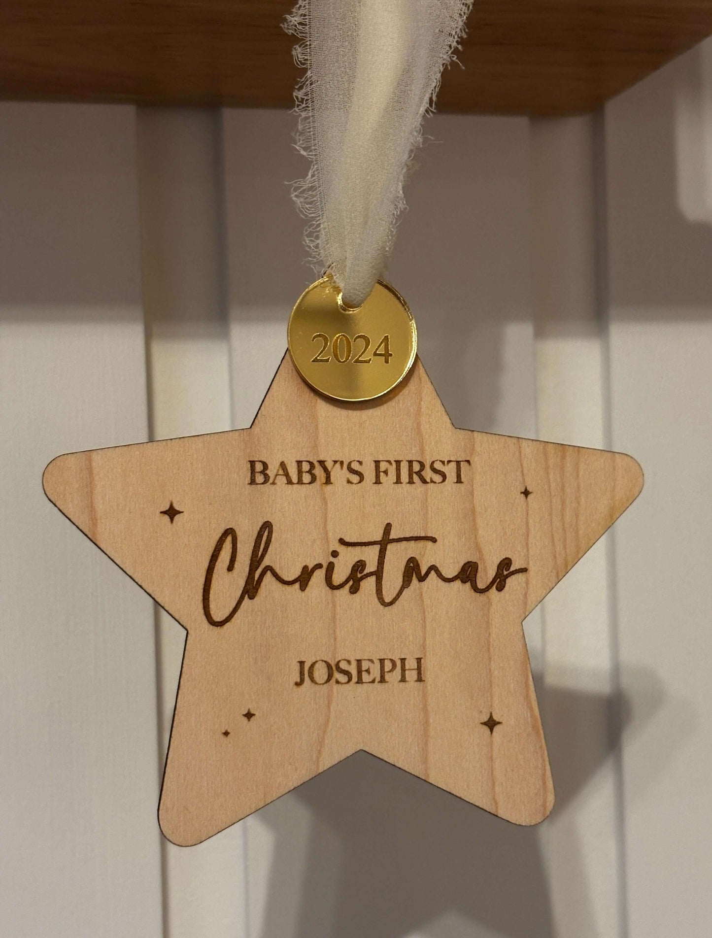 Baby's first Christmas, Christmas tree ornament. Personalised wooden star 