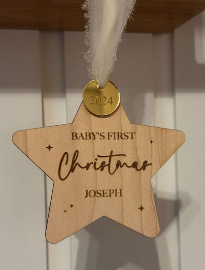 Baby's first Christmas, Christmas tree ornament. Personalised wooden star 