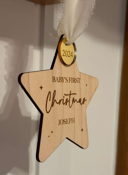 Baby's first Christmas, Christmas tree ornament. Personalised wooden star 