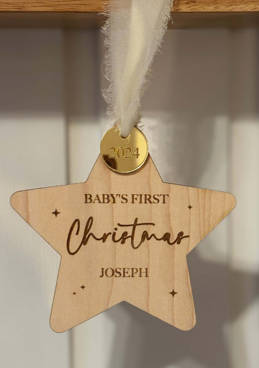 Baby's first Christmas, Christmas tree ornament. Personalised wooden star 
