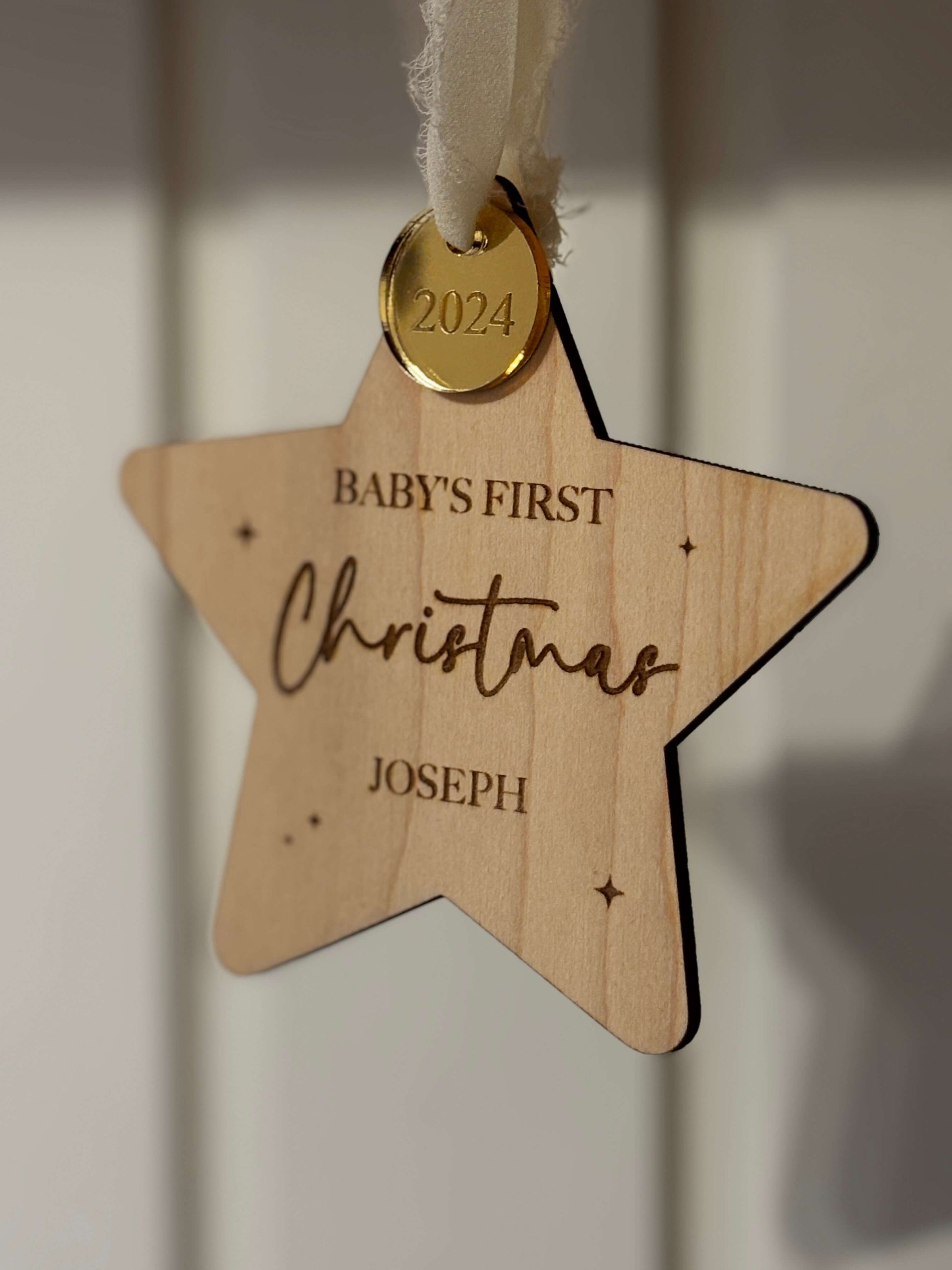 Baby's first Christmas, Christmas tree ornament. Personalised wooden star 