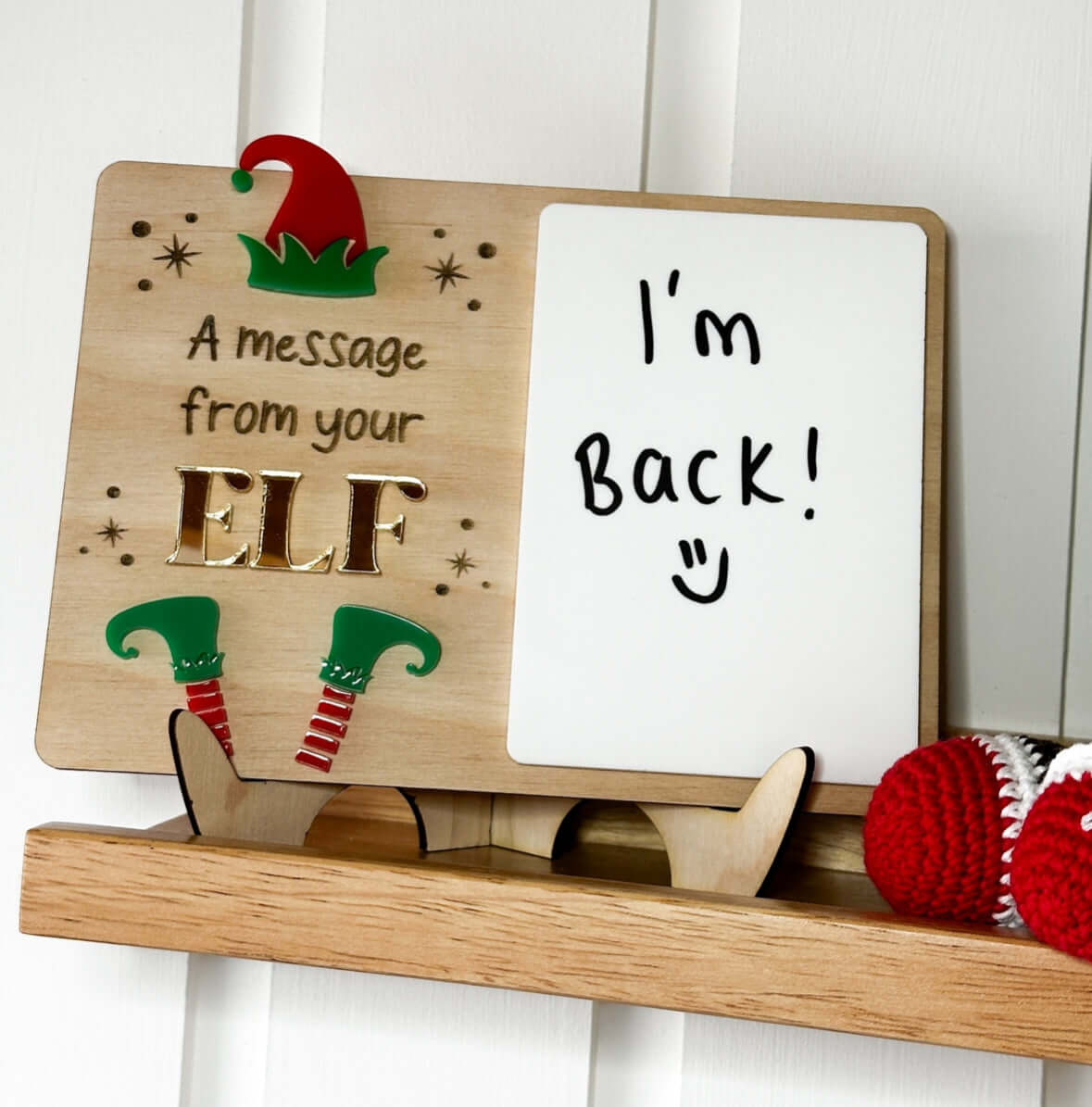 Wooden elf on the shelf message board with acrylic panel to write any message on. 
