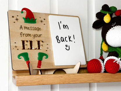 Wooden elf on the shelf message board with acrylic panel to write any message on. 