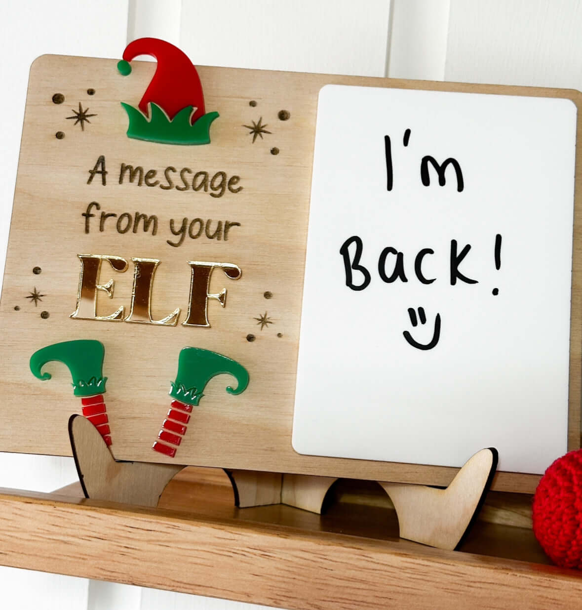Wooden elf on the shelf message board with acrylic panel to write any message on. 