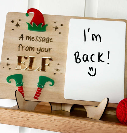 Wooden elf on the shelf message board with acrylic panel to write any message on. 
